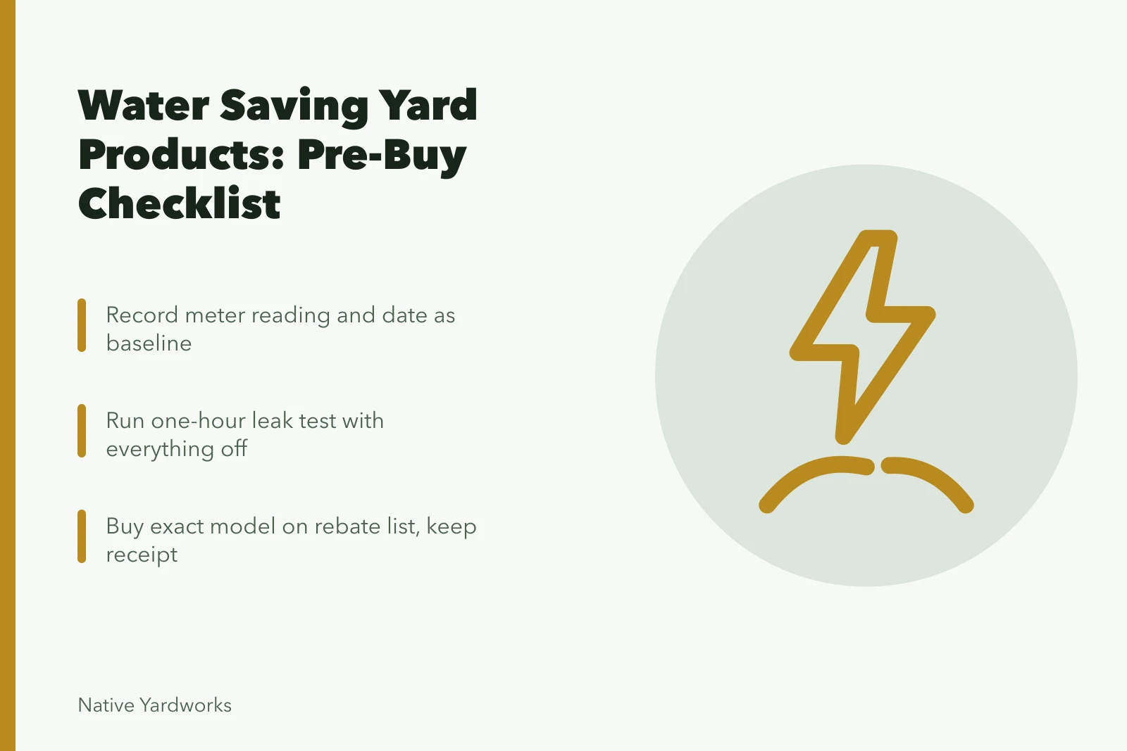 Checklist card for water-saving yard products with meter and rebate steps. Reading water saving yard products checklist: before you buy, set against seasonal habits