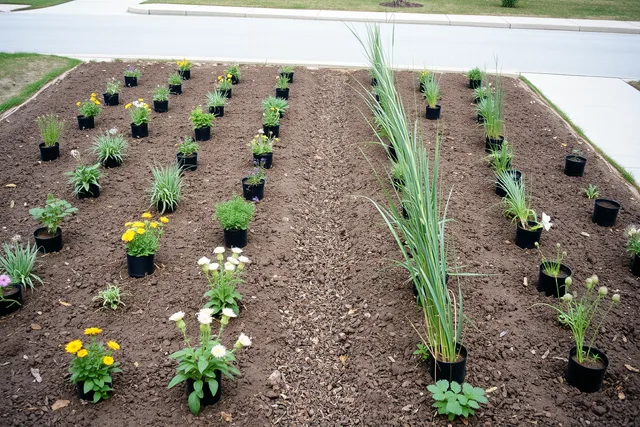 Potted native plants laid out at mature spacing on cleared garden ground. Two ways to run native garden mistakes timeline: before buying versus before installing