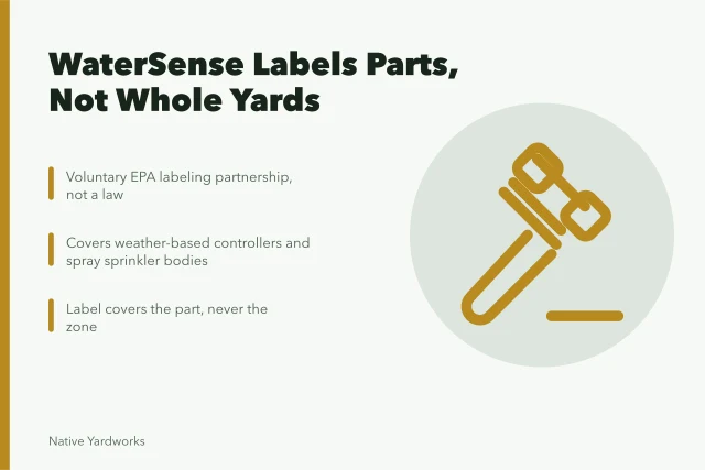 WaterSense label on irrigation controller and sprinkler body, not whole yard. What the EPA WaterSense program means for native yard watering