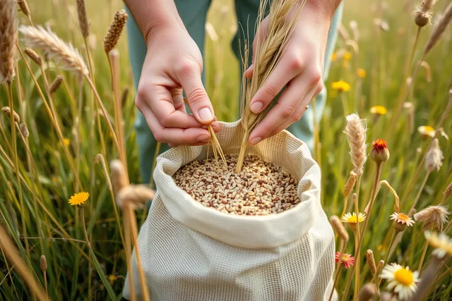 Hands collecting ripe native grass seed in a prairie meadow. Five lessons from regional native plant restorations in 2027