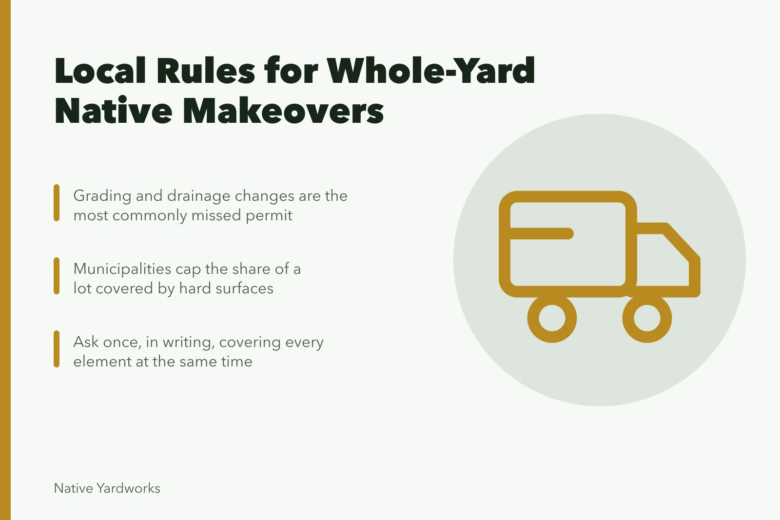 Card listing local permit rules for native yard makeovers. Framing native yard makeovers rules: ask what support exists