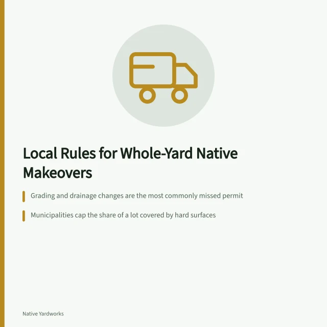 Card listing local permit rules for native yard makeovers. Framing native yard makeovers rules: ask what support exists