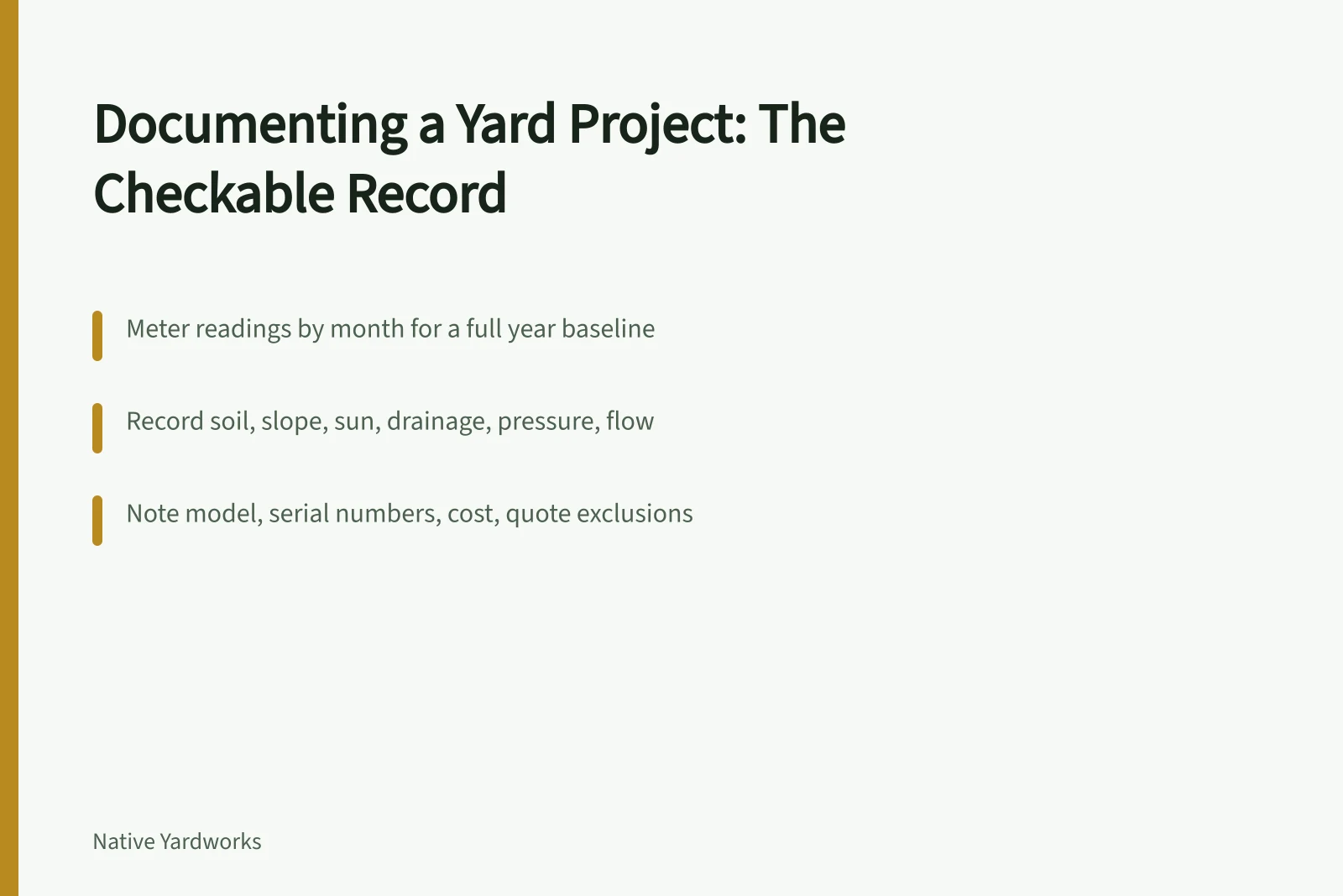 Card listing five parts of a yard project record: baseline, site, intervention, result, publishing. Documenting a yard project: the record that lets results be checked later
