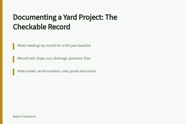 Card listing five parts of a yard project record: baseline, site, intervention, result, publishing. Documenting a yard project: the record that lets results be checked later