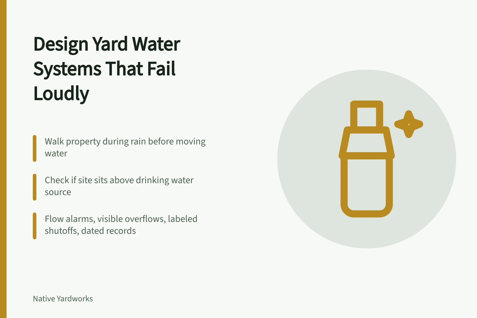 Card on yard water planning: storm walk, source water, visible fault alarms. Designing a yard setup that will not repeat old technology mistakes