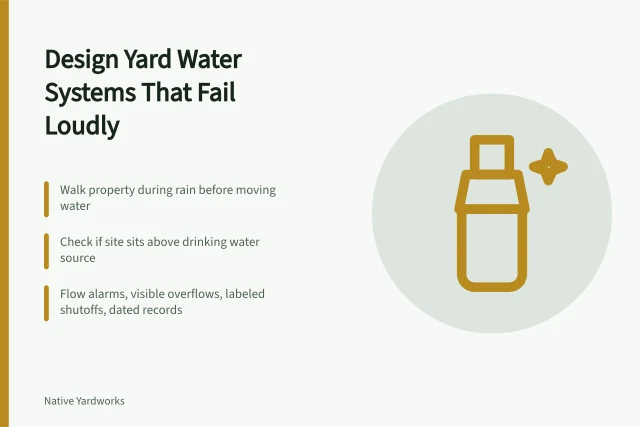 Card on yard water planning: storm walk, source water, visible fault alarms. Designing a yard setup that will not repeat old technology mistakes