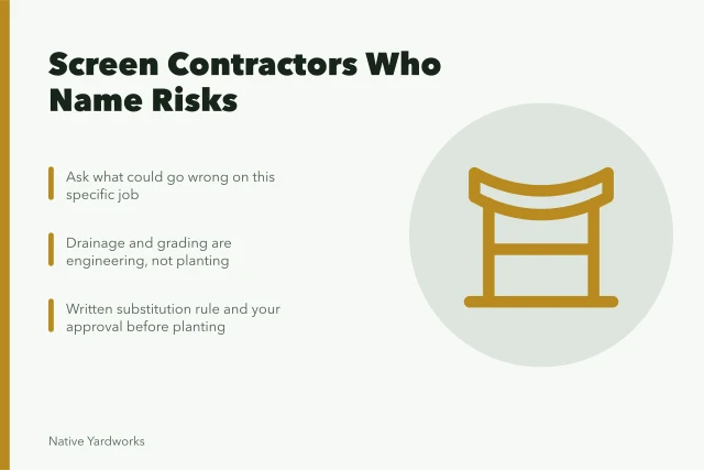 Card on screening native garden contractors who name risks and boundaries. Working through native garden mistakes contractor: how to screen for risk-naming