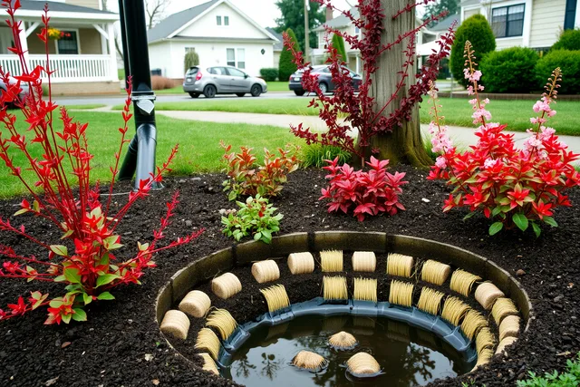 Planted rain garden basin with dogwood, Oregon grape, spirea and rushes. 5 native plants for Portland rain gardens and pollinators