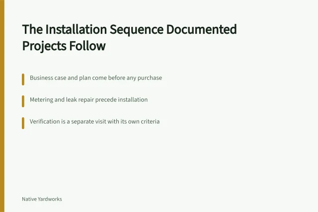 Card listing the documented installation sequence: case, plan, meter, repair, install, verify. Documented yard installations: the sequence real projects actually follow