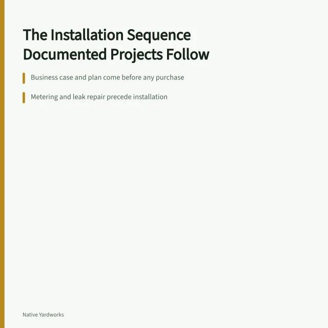 Card listing the documented installation sequence: case, plan, meter, repair, install, verify. Documented yard installations: the sequence real projects actually follow
