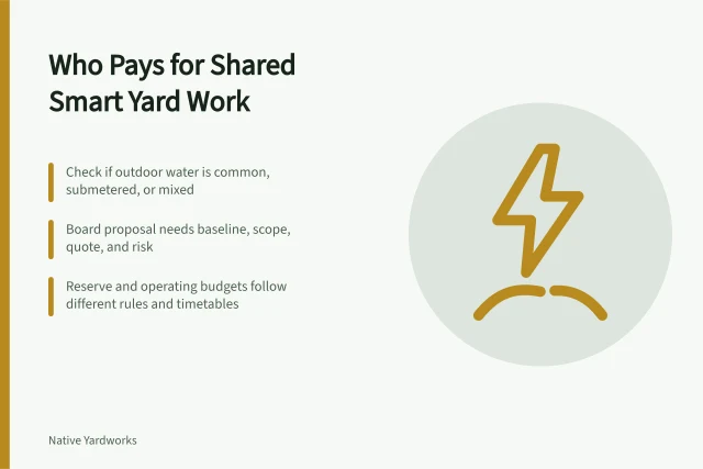 Card explaining who pays for smart yard work in shared buildings. Who actually pays for smart yard work inside a shared building?