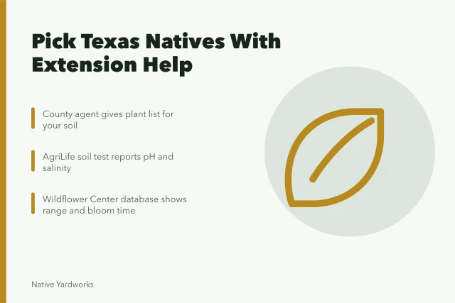 Card about county extension offices and native Texas plant databases. How county extension offices help Texans pick native plants