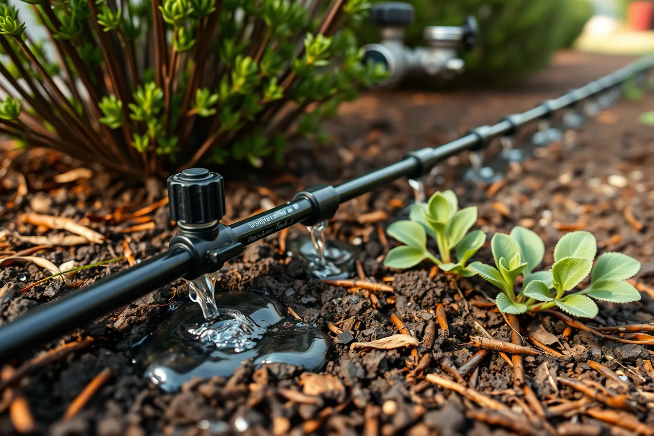 Drip irrigation line seeping water into soil at the base of garden bed plants. Getting water-saving yard products right the first time