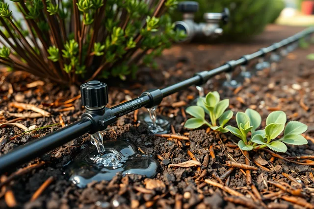 Drip irrigation line seeping water into soil at the base of garden bed plants. Getting water-saving yard products right the first time