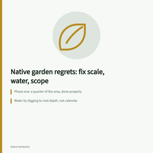 Card listing native garden regrets: scale, water plan, vague scope. Handling native garden mistakes lessons step by step: the regret table