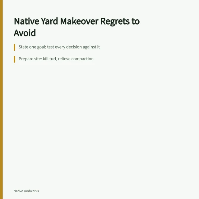 Checklist for native yard makeover: goal, preparation, access, staging. Auditing native yard makeovers lessons: losing access