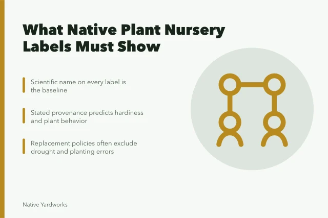 Card comparing native plant nursery labels, provenance, and replacement policies. Comparing honest plant descriptions and services worth the premium for native plant nurseries comparison