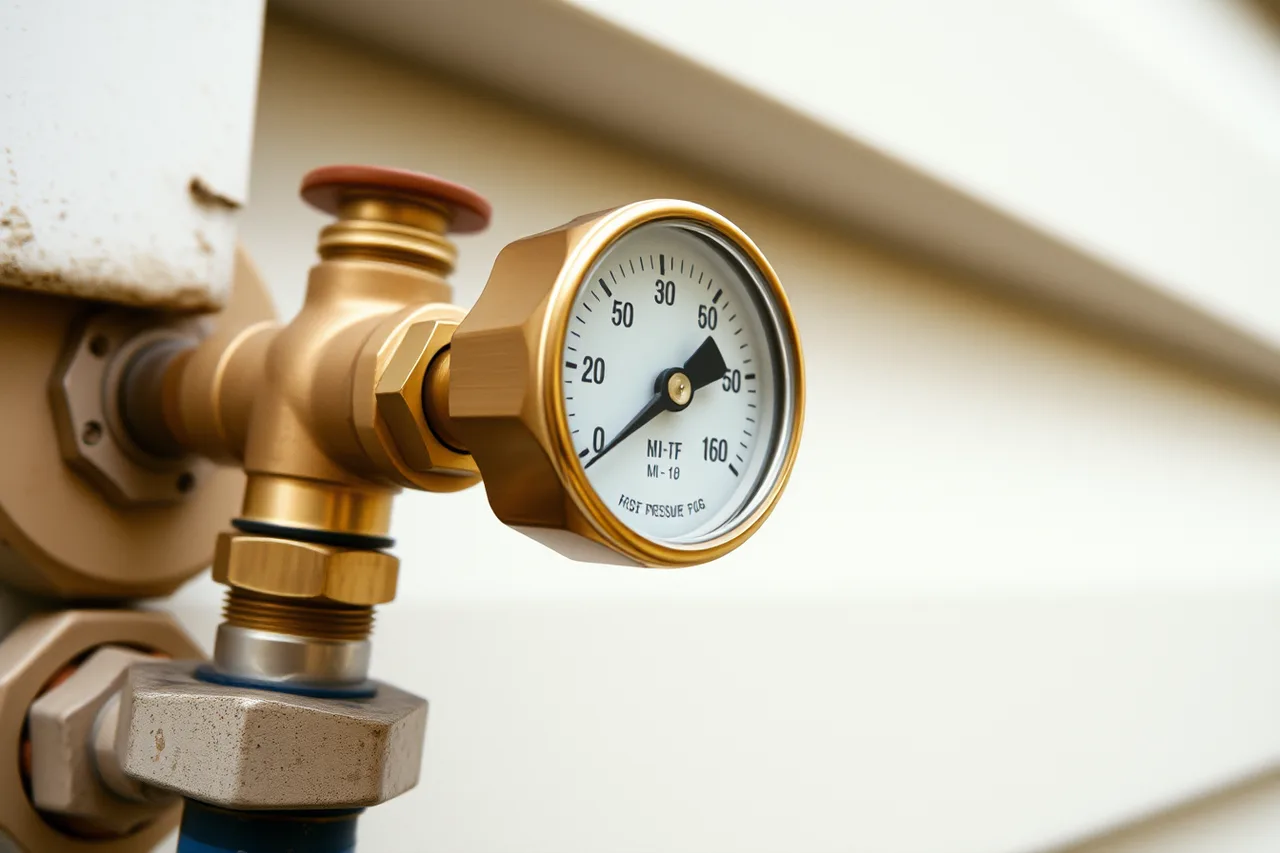 Pressure gauge attached to outdoor spigot showing static reading (Reading water saving yard products checklist: before you buy, set against seasonal habits)