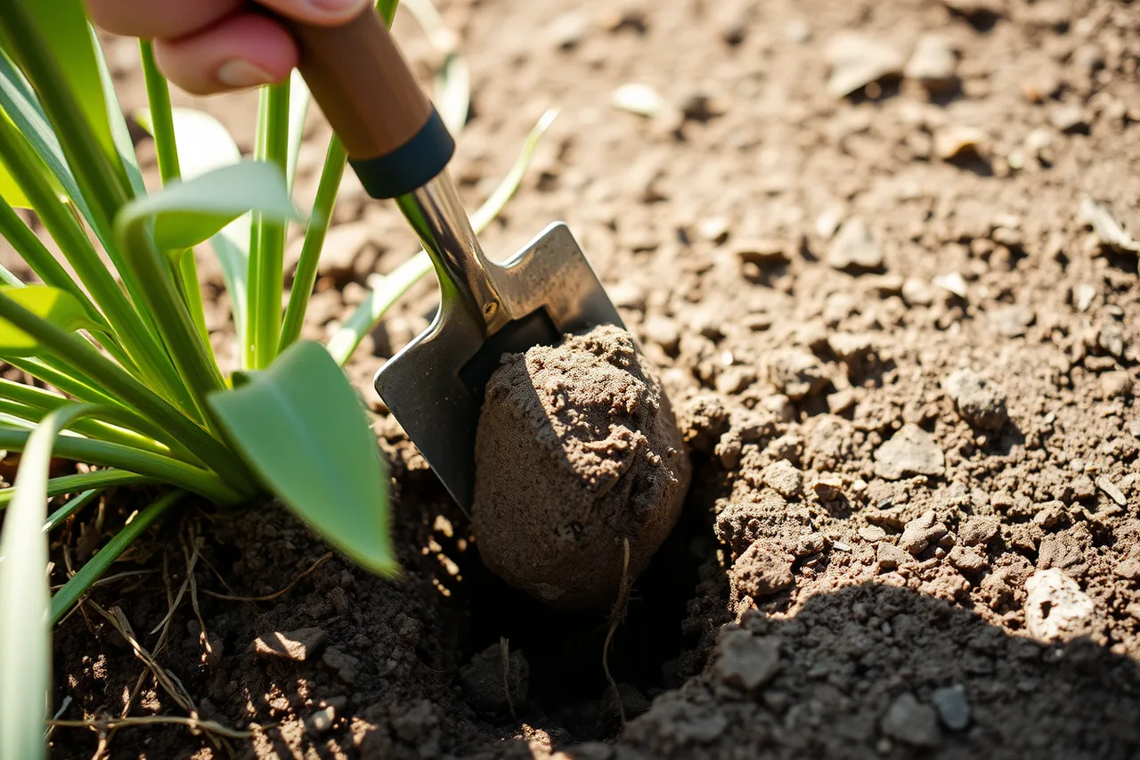Hand pushing a trowel into soil to check root-zone moisture (What native yard maintenance looks like after the first year)