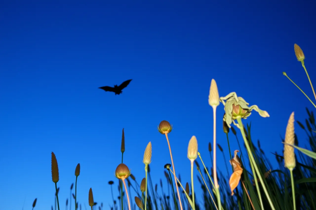 Bat flying at dusk over a native meadow with standing plant structure (Which part of regional native plants maintenance really comes down to the yearly rhythm?)