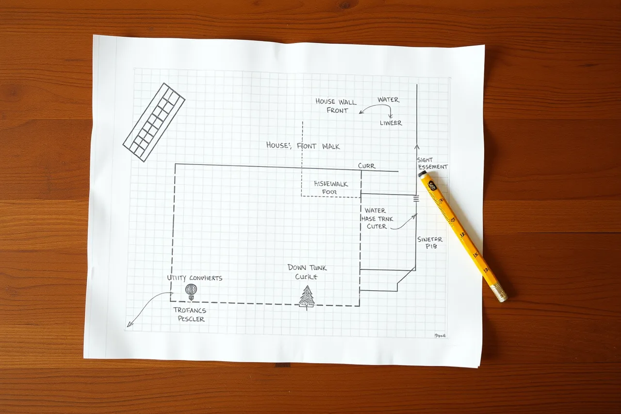 Hand-drawn to-scale front yard plan on graph paper with house, walk, driveway and tree trunks (8 honest notes on front yard plant combinations)