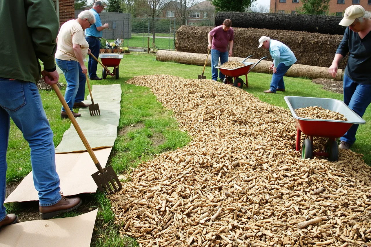 Volunteers lay cardboard and mulch over turf in a community garden (Charting native landscaping costs ideas: false savings)