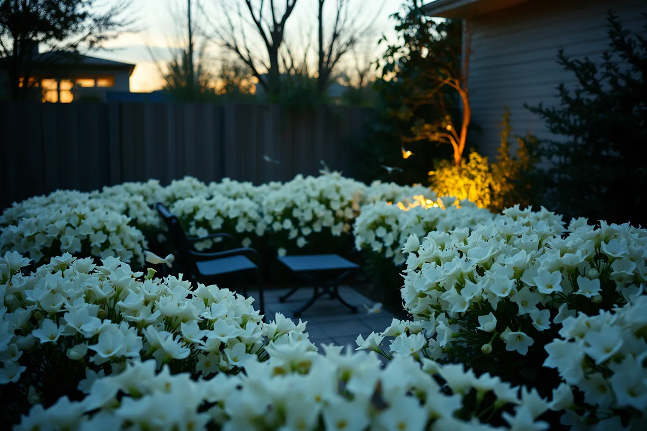 Evening garden bed of uniform white night-blooming flowers near seating (Small-space native makeovers built to finish in a single weekend)