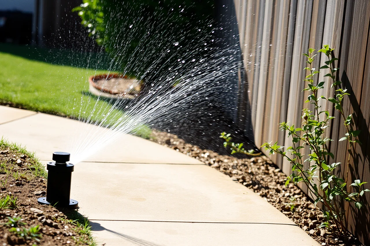 Sprinkler spraying water onto a sidewalk and fence instead of plants (Where do the results for water saving yard products reviews usually go wrong on the review framework?)